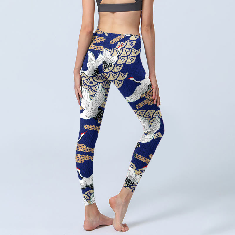 Leggings de sport imprimés Buddha Stones, grues à couronne rouge, nuages ​​de bon augure en forme d'éventail, pantalons de yoga pour femmes - image 5