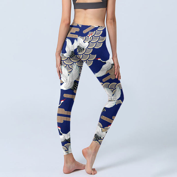 Leggings de sport imprimés Buddha Stones, grues à couronne rouge, nuages ​​de bon augure en forme d'éventail, pantalons de yoga pour femmes - image 5