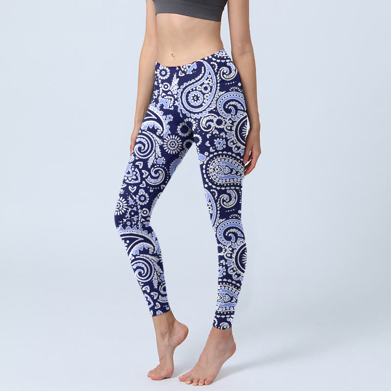 Leggings de sport à imprimé fleurs de cajou violet et bleu Buddha Stones pour femme - Bleu ardoise moyen - US18，UK/AU22，EU50 (4XL) - image 0