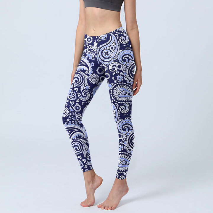 Leggings de sport à imprimé fleurs de cajou violet et bleu Buddha Stones pour femme - Bleu ardoise moyen - US18，UK/AU22，EU50 (4XL) - image 0