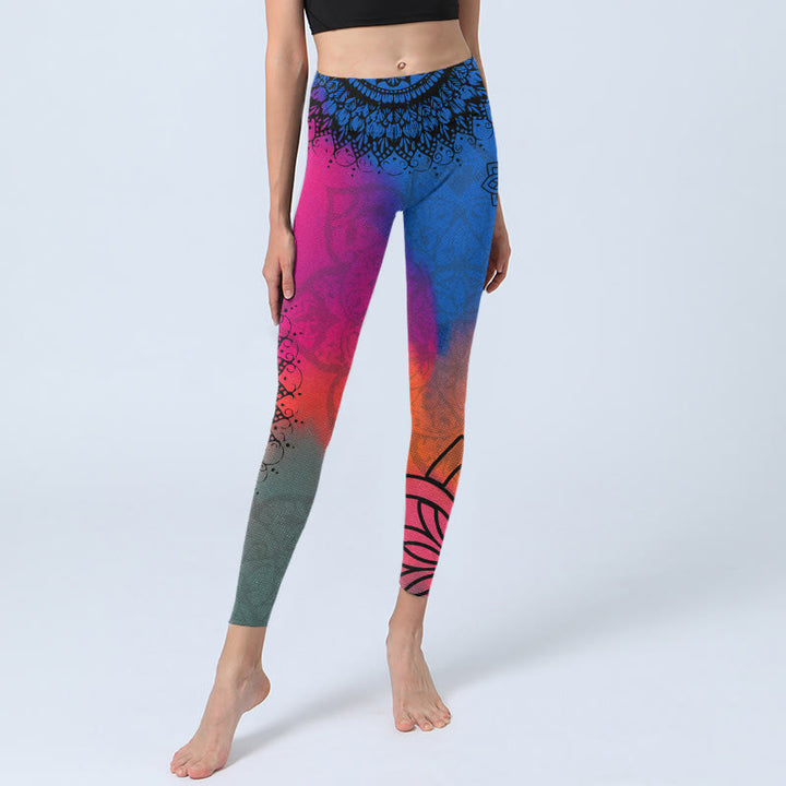 Leggings de sport à imprimé mandala rose, rouge et bleu, Buddha Stones , pantalons de yoga pour femmes - image 6