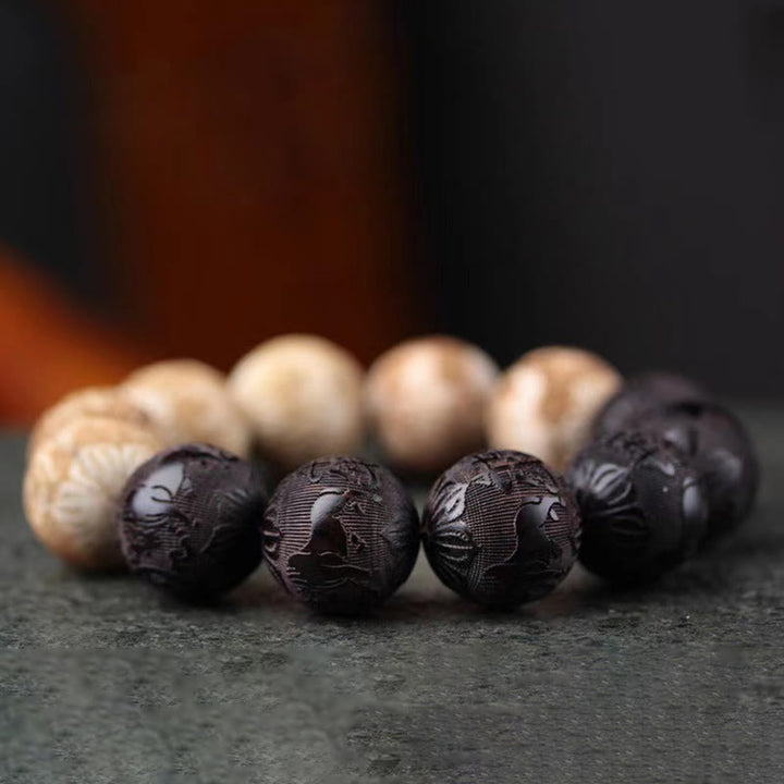 Bracelet de paix gravé en bois d'ébène et bois de camphre avec Buddha Stones et bœuf Yin Yang - image 3