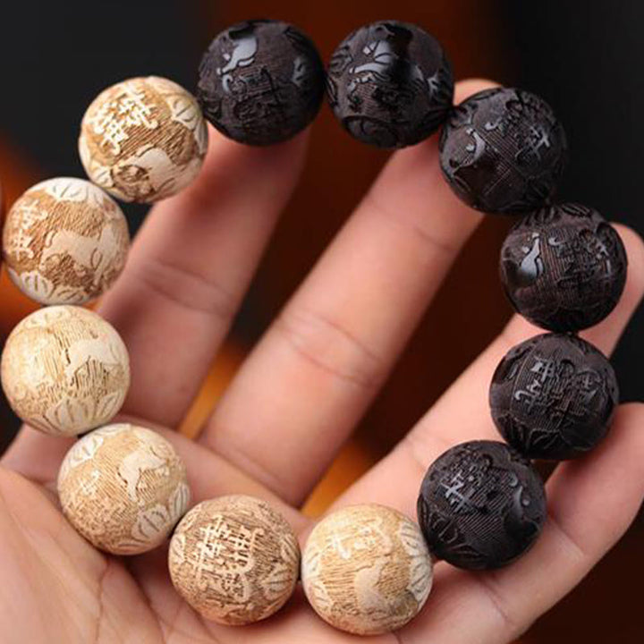 Bracelet de paix gravé en bois d'ébène et bois de camphre avec Buddha Stones et bœuf Yin Yang - image 5