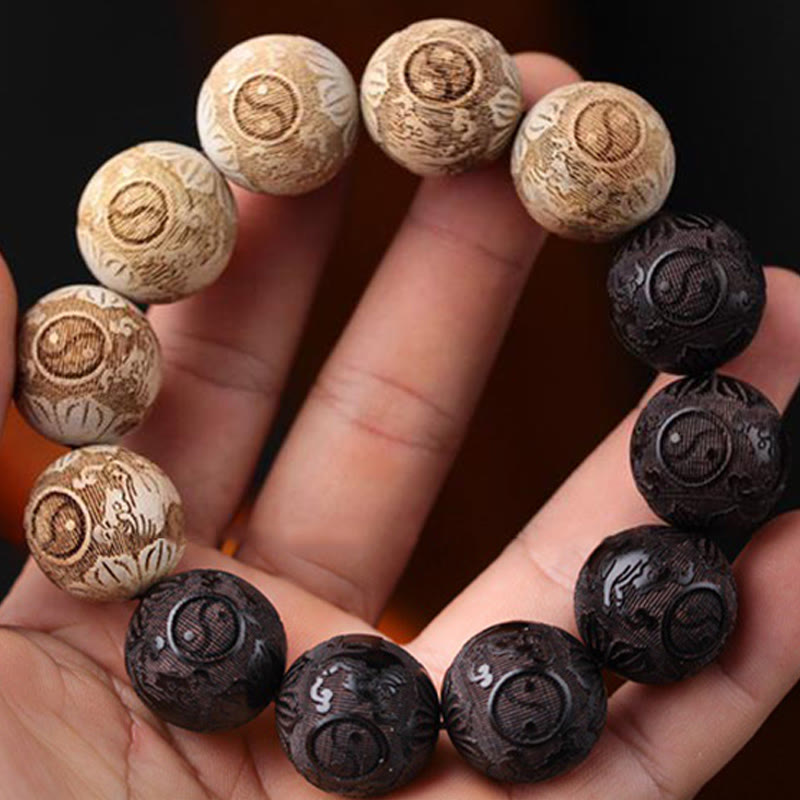 Bracelet de paix gravé en bois d'ébène et bois de camphre avec Buddha Stones et bœuf Yin Yang - image 4