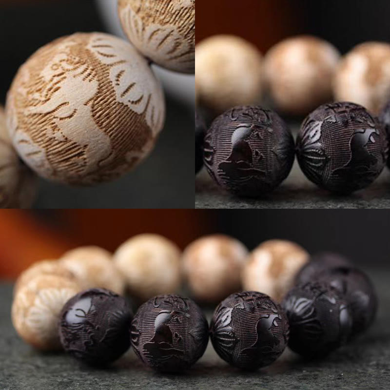 Bracelet de paix gravé en bois d'ébène et bois de camphre avec Buddha Stones et bœuf Yin Yang - image 9