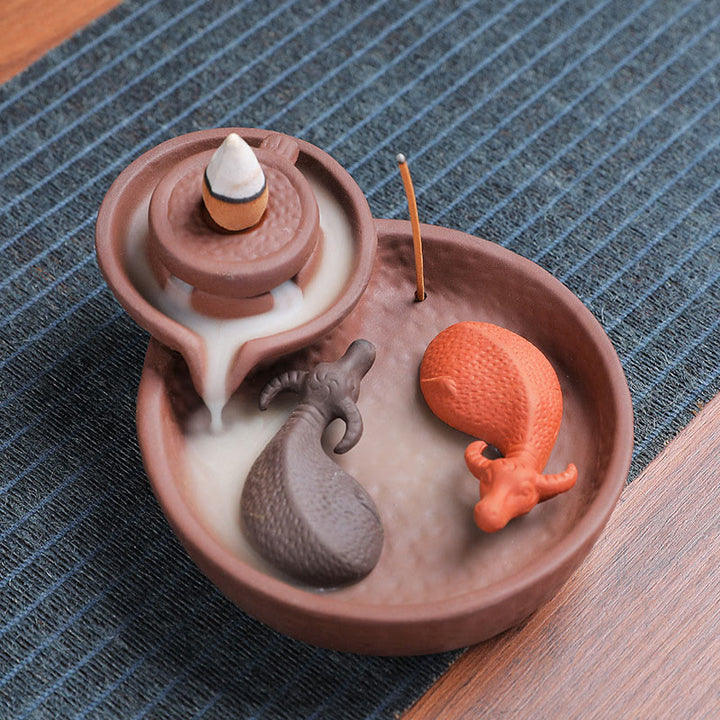 Porte-encens en céramique, Buddha Stones , poisson koï, bœuf, argile violette, brûleur d'encens de guérison, décoration - Bœuf 10,8*13,5*5cm (sans encens) - image 1