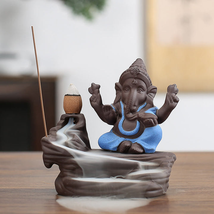 Buddha Stones Ganesh Éléphant Argile Violette Fontaine de Fumée à Refoulement Bâton de Protection Brûleur d'Encens - Bleu 10,1*11cm - image 1