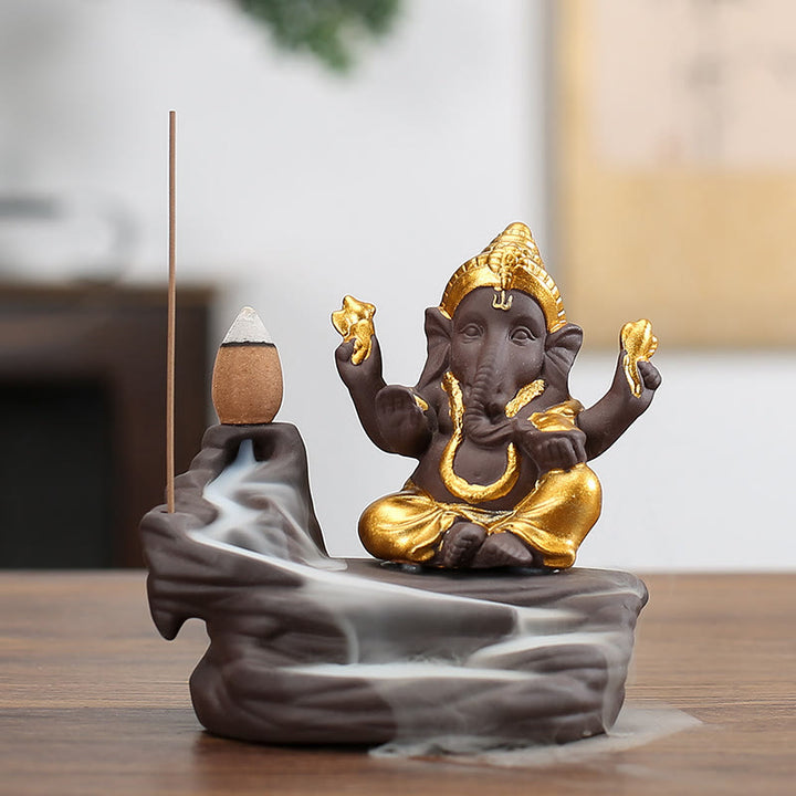 Buddha Stones Ganesh Éléphant Argile Violette Fontaine de Fumée à Refoulement Bâton de Protection Brûleur d'Encens - Doré 10,1*11cm - image 3