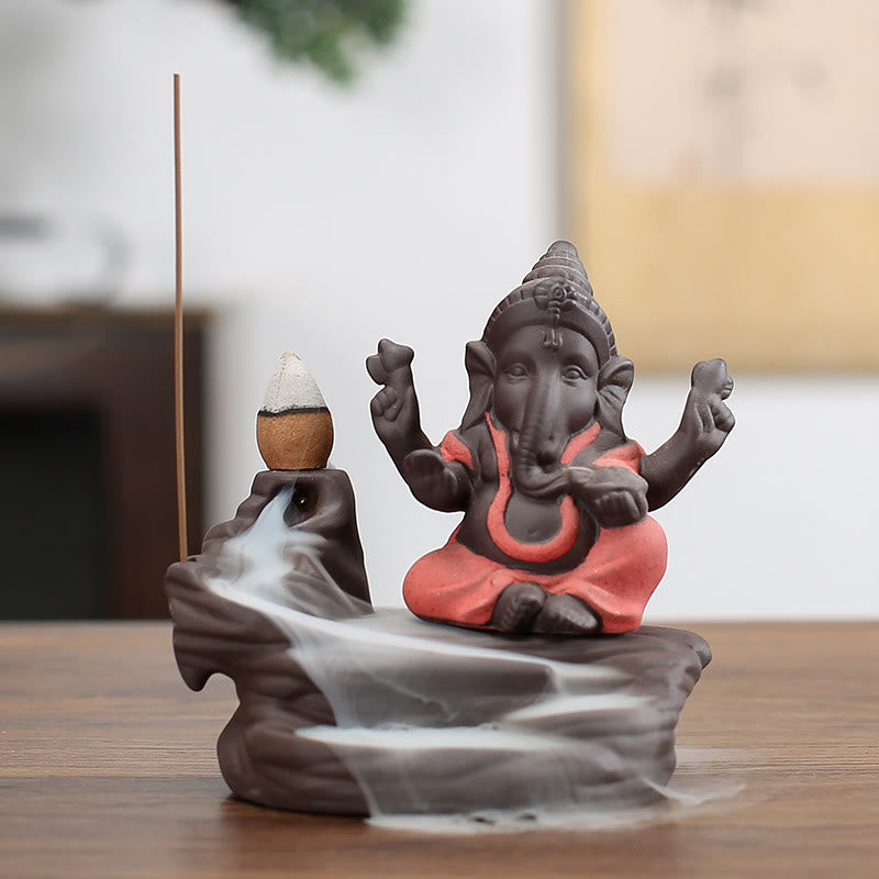 Buddha Stones Ganesh Éléphant Argile Violette Fontaine de Fumée à Refoulement Bâton de Protection Brûleur d'Encens - Orange 10,1*11cm - image 2