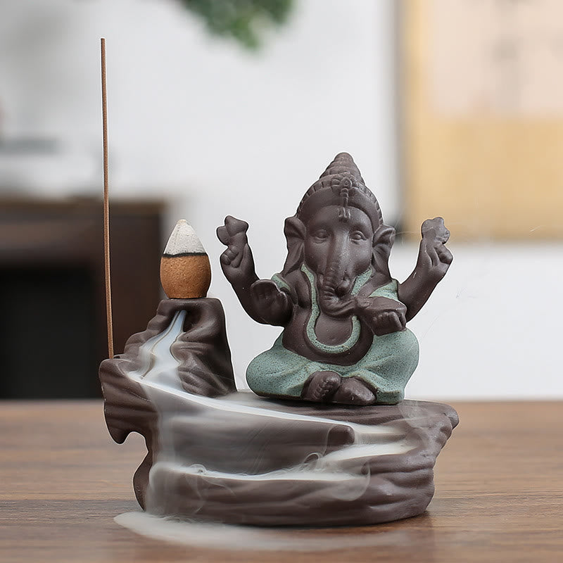 Buddha Stones Ganesh Éléphant Argile Violette Fontaine de Fumée à Refoulement Bâton de Protection Brûleur d'Encens - Vert 10,1*11cm - image 8