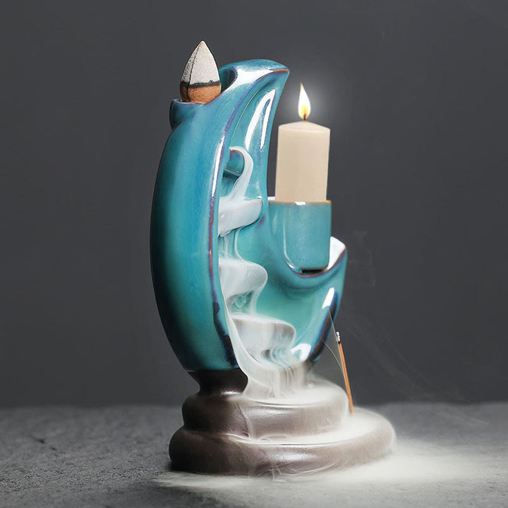 Fontaine à fumée à reflux en céramique avec croissant de lune bleu et Buddha Stones, chandelier de méditation, brûleur d'encens décoratif - image 3