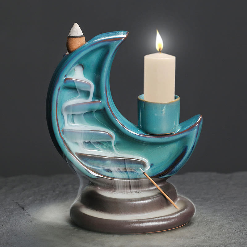 Fontaine à fumée à reflux en céramique avec croissant de lune bleu et Buddha Stones, chandelier de méditation, brûleur d'encens décoratif - image 8