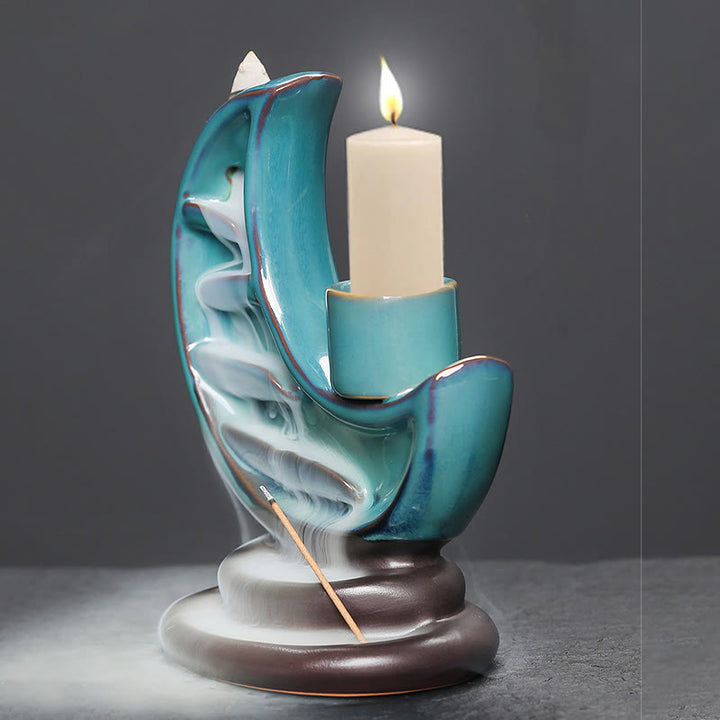Fontaine à fumée à reflux en céramique avec croissant de lune bleu et Buddha Stones, chandelier de méditation, brûleur d'encens décoratif - image 5