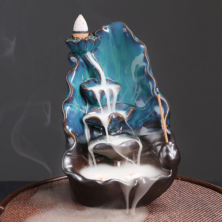 Fontaine à fumée à reflux en céramique avec feuilles de lotus bleu et Buddha Stones , brûleur d'encens spirituel décoratif - Lotus bleu 10,1*9,6*16,2 cm - image 1