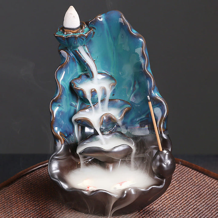 Fontaine à fumée à reflux en céramique avec feuilles de lotus bleu et Buddha Stones , brûleur d'encens spirituel décoratif - image 6
