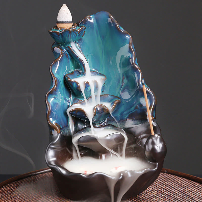 Fontaine à fumée à reflux en céramique avec feuilles de lotus bleu et Buddha Stones , brûleur d'encens spirituel décoratif - image 5