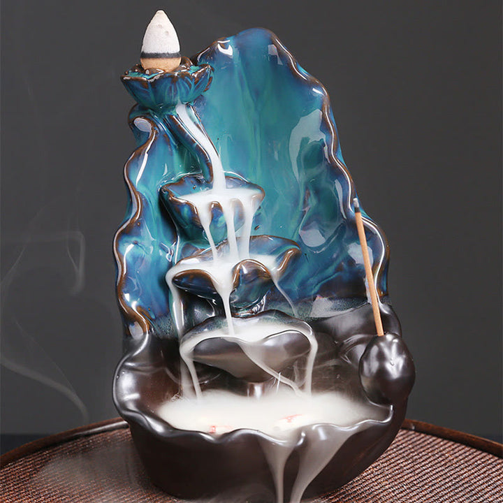Fontaine à fumée à reflux en céramique avec feuilles de lotus bleu et Buddha Stones , brûleur d'encens spirituel décoratif - image 5