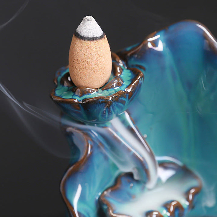 Fontaine à fumée à reflux en céramique avec feuilles de lotus bleu et Buddha Stones , brûleur d'encens spirituel décoratif - image 6