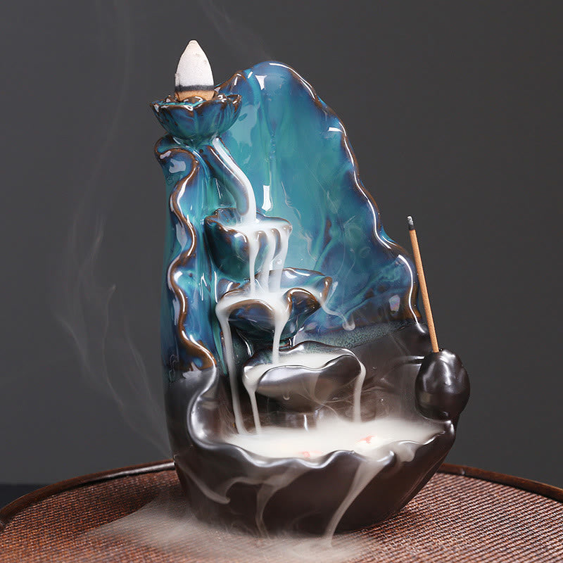 Fontaine à fumée à reflux en céramique avec feuilles de lotus bleu et Buddha Stones , brûleur d'encens spirituel décoratif - image 2