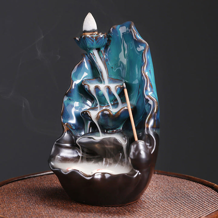 Fontaine à fumée à reflux en céramique avec feuilles de lotus bleu et Buddha Stones , brûleur d'encens spirituel décoratif - image 3