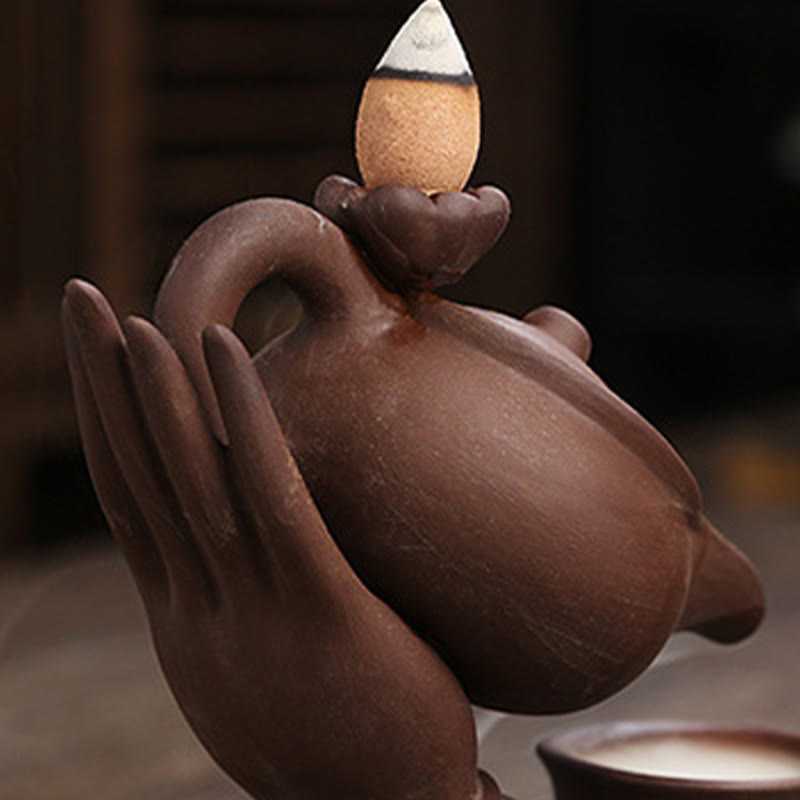 Buddha Stones Bouddha Main Tenant Théière Tasse Céramique Fontaine de Fumée à Refoulement Brûleur d'Encens de Guérison Décoration - image 15