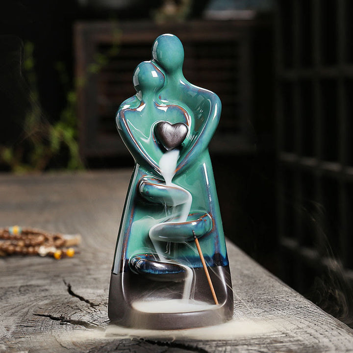 Fontaine à fumée à reflux en céramique représentant un couple amoureux en Buddha Stones , décoration pour la guérison et l'encens - 7,3*7,4*17,4 cm - image 1