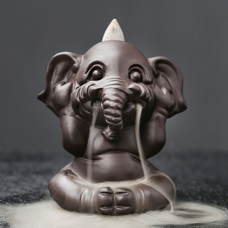 Buddha Stones Éléphant mignon Fontaine de fumée à reflux en argile violette Brûleur d'encens de guérison de la paix Décoration - N'écoutez pas 6,6*8,5*9,3 cm - image 16