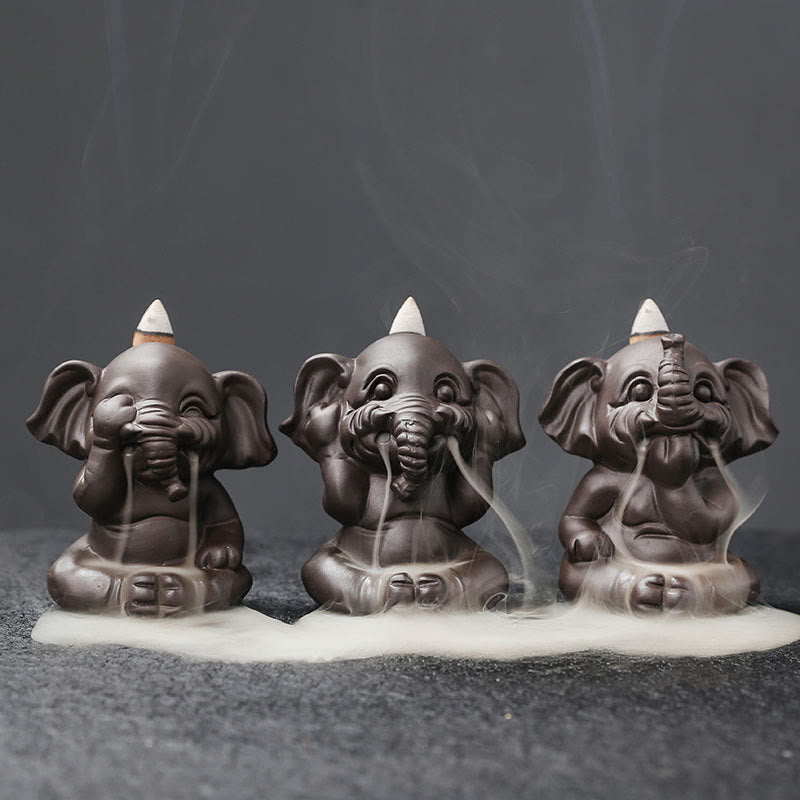 Buddha Stones Éléphant mignon Fontaine de fumée à reflux en argile violette Brûleur d'encens de guérison de la paix Décoration - Ensemble éléphant 3 pièces - image 1