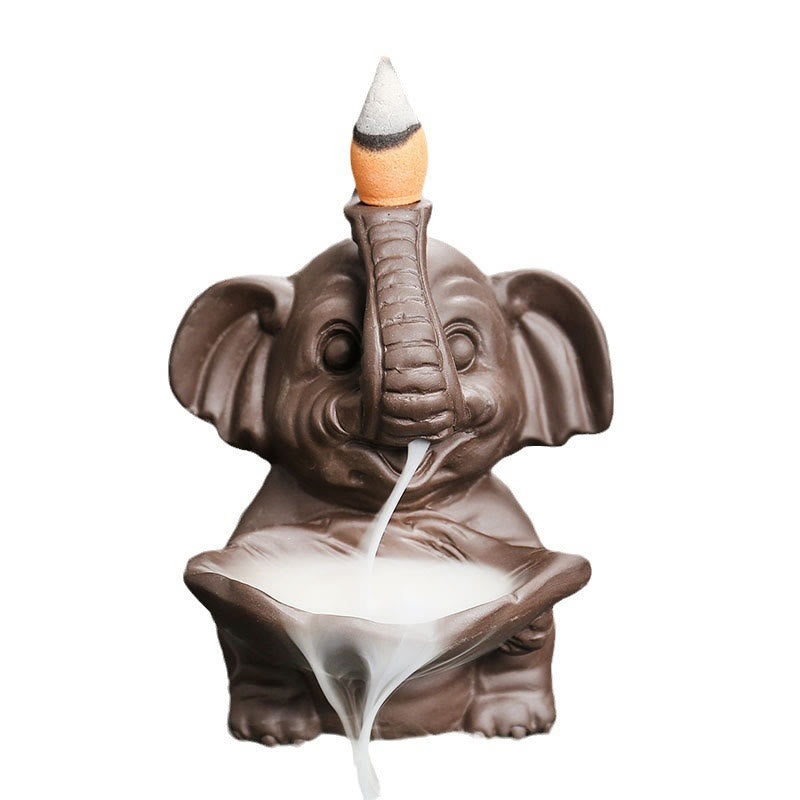 Buddha Stones Petit éléphant tenant une feuille Fontaine de fumée à refoulement en argile violette Brûleur d'encens de guérison Décoration - image 18