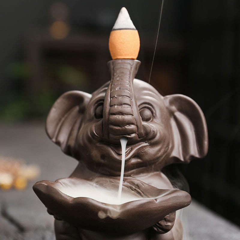 Buddha Stones Petit éléphant tenant une feuille Fontaine de fumée à refoulement en argile violette Brûleur d'encens de guérison Décoration - image 10