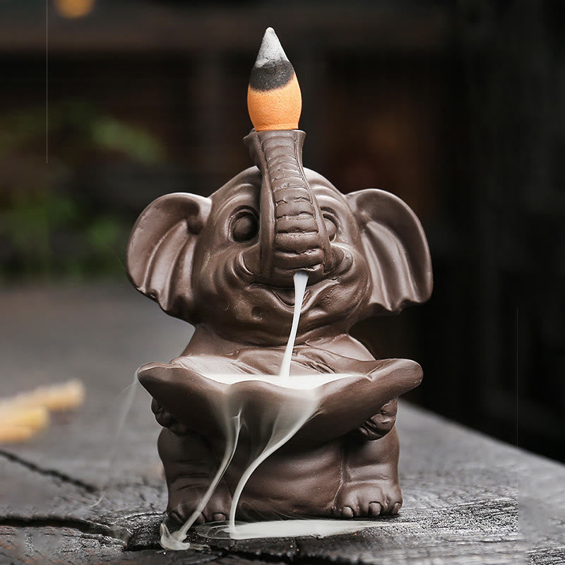 Buddha Stones Petit éléphant tenant une feuille Fontaine de fumée à refoulement en argile violette Brûleur d'encens de guérison Décoration - image 8
