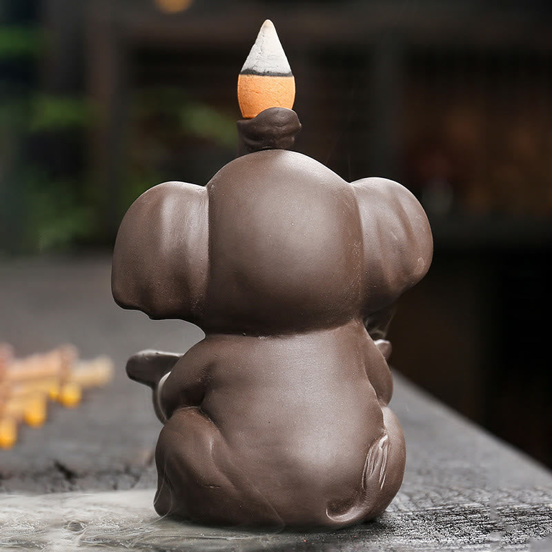 Buddha Stones Petit éléphant tenant une feuille Fontaine de fumée à refoulement en argile violette Brûleur d'encens de guérison Décoration - image 4