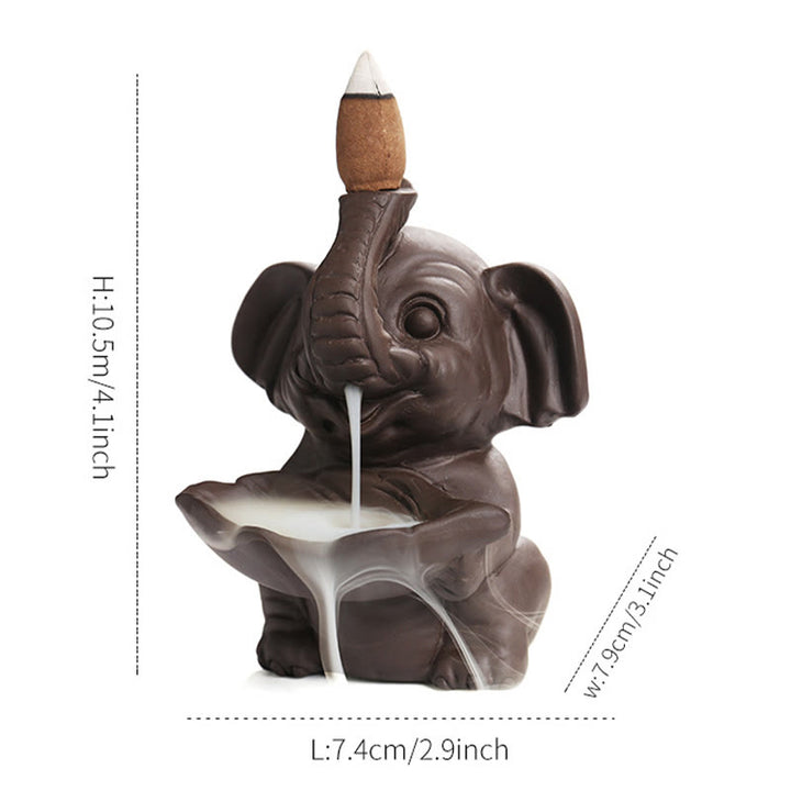 Buddha Stones Petit éléphant tenant une feuille Fontaine de fumée à refoulement en argile violette Brûleur d'encens de guérison Décoration - image 16