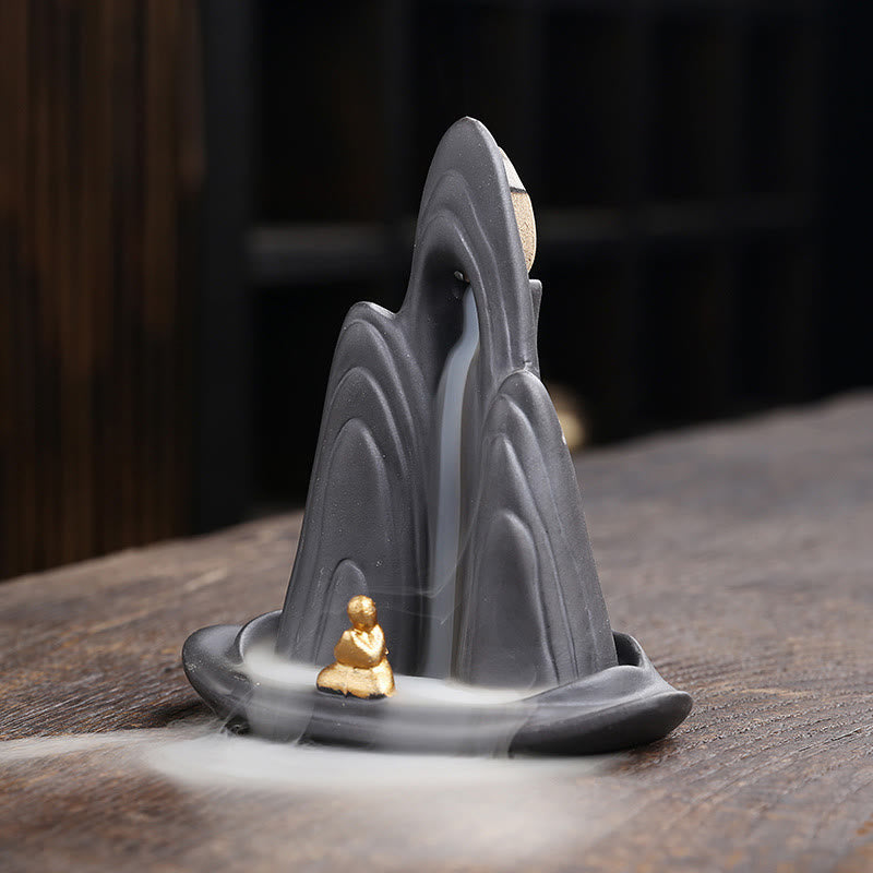 Buddha Stones Petit Moine Montagnes Eau Courante Argile Violette Céramique Guérison Brûleur D'encens Décoration - image 1