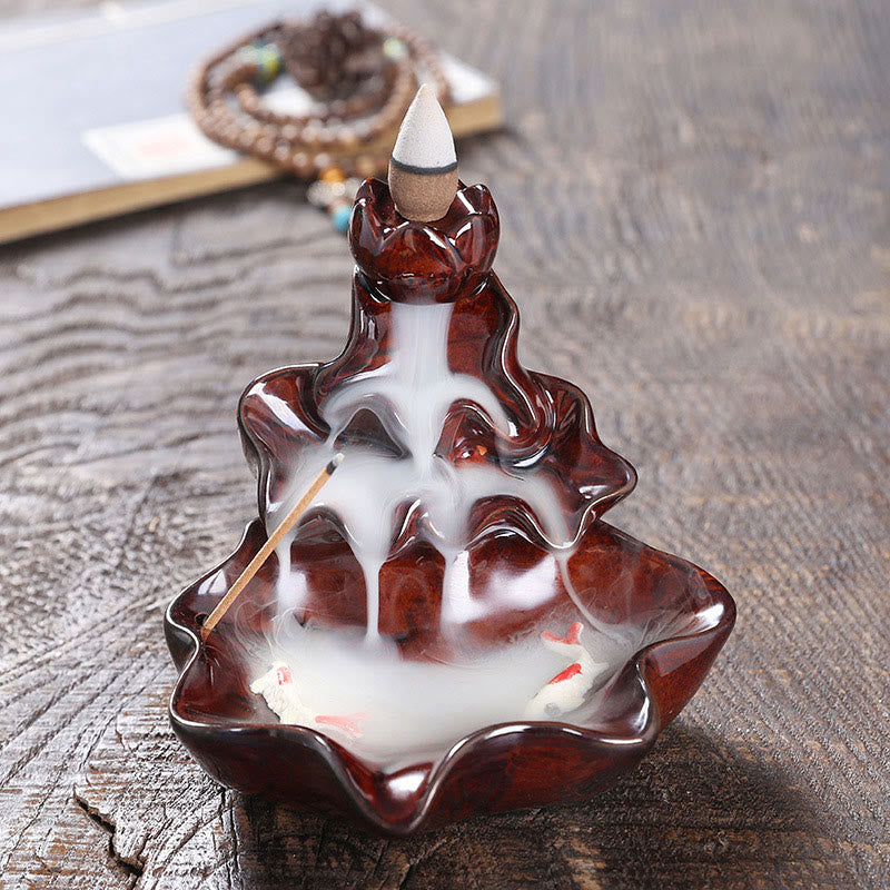 Fontaine à fumée à refoulement en céramique, Buddha Stones, feuille de lotus, poisson koï, brûleur d'encens de paix, décoration - Rouge 11,5*11*10cm - image 16