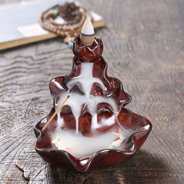 Fontaine à fumée à refoulement en céramique, Buddha Stones, feuille de lotus, poisson koï, brûleur d'encens de paix, décoration - Rouge 11,5*11*10cm - image 16