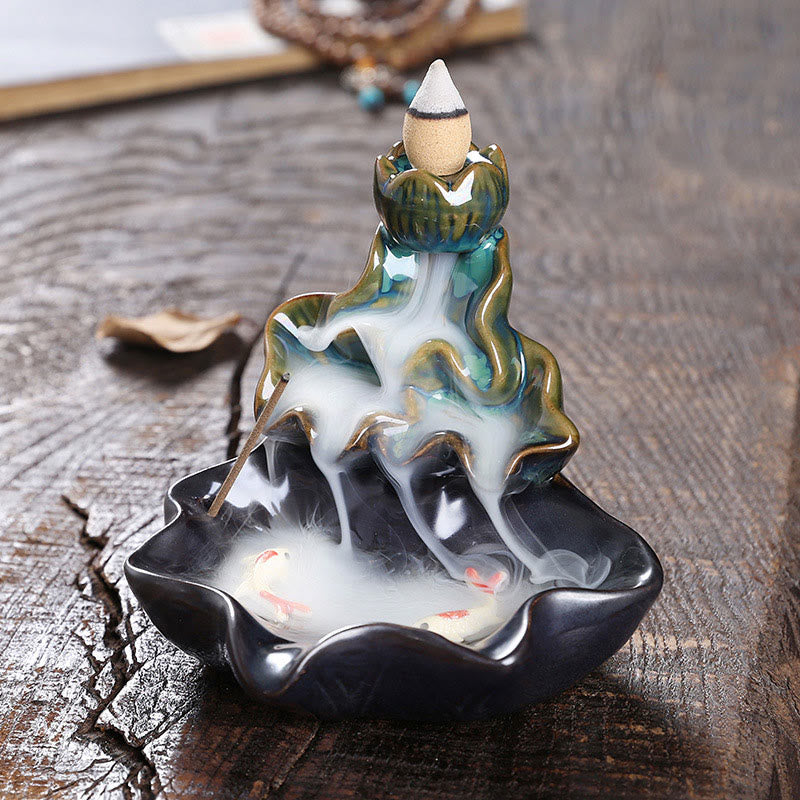 Fontaine à fumée à refoulement en céramique, Buddha Stones, feuille de lotus, poisson koï, brûleur d'encens de paix, décoration - Bleu 11,5*11*10cm - image 1