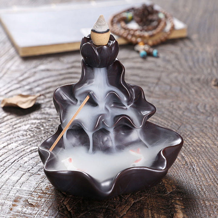 Fontaine à fumée à refoulement en céramique, Buddha Stones, feuille de lotus, poisson koï, brûleur d'encens de paix, décoration - Noir 11,5*11*10cm - image 12