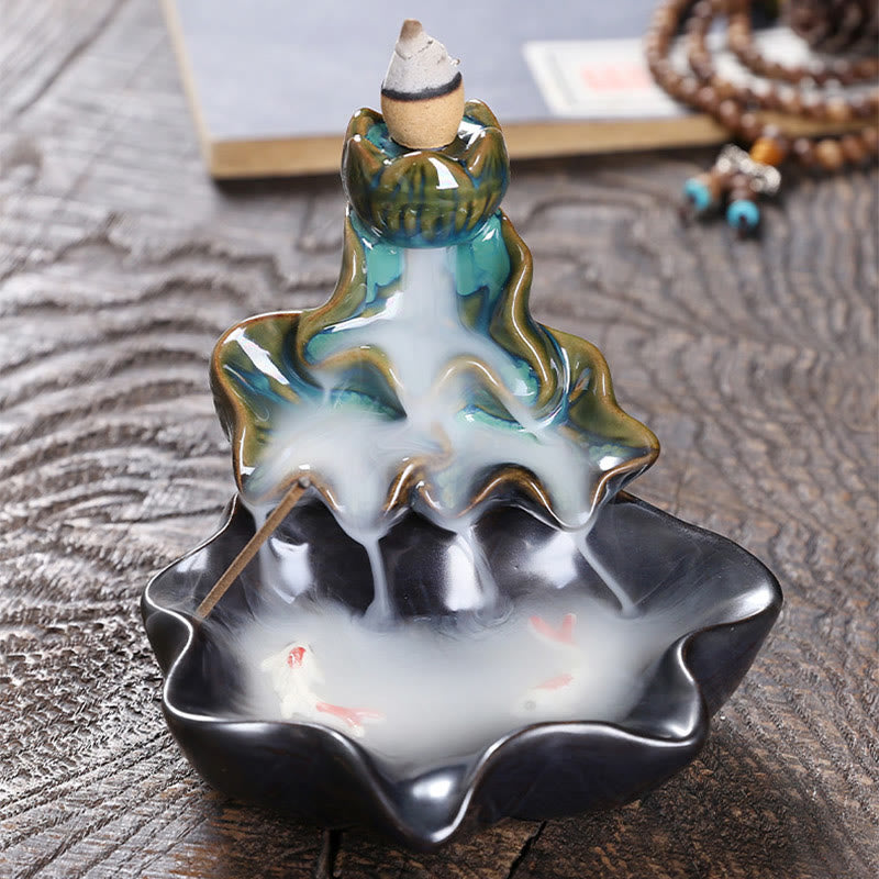 Fontaine à fumée à refoulement en céramique, Buddha Stones, feuille de lotus, poisson koï, brûleur d'encens de paix, décoration - image 3