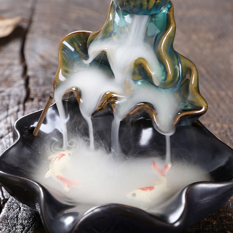 Fontaine à fumée à refoulement en céramique, Buddha Stones, feuille de lotus, poisson koï, brûleur d'encens de paix, décoration - image 8