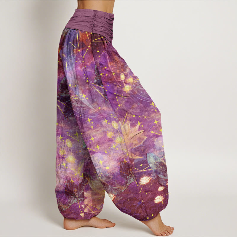Pantalon sarouel à taille élastique pour femme avec motif de Buddha Stones, poisson koï, lotus, lune, étoiles - image 6