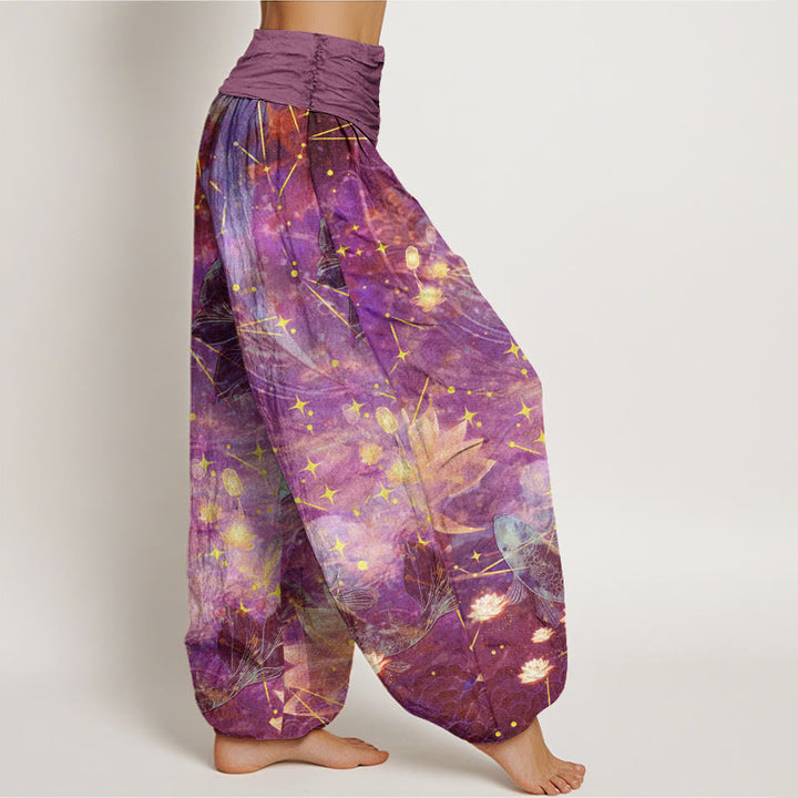 Pantalon sarouel à taille élastique pour femme avec motif de Buddha Stones, poisson koï, lotus, lune, étoiles - image 6