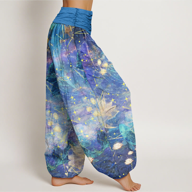 Pantalon sarouel à taille élastique pour femme avec motif de Buddha Stones, poisson koï, lotus, lune, étoiles - image 2