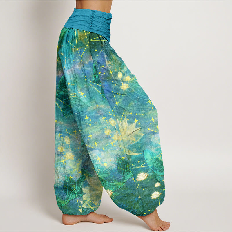 Pantalon sarouel à taille élastique pour femme avec motif de Buddha Stones, poisson koï, lotus, lune, étoiles - image 9