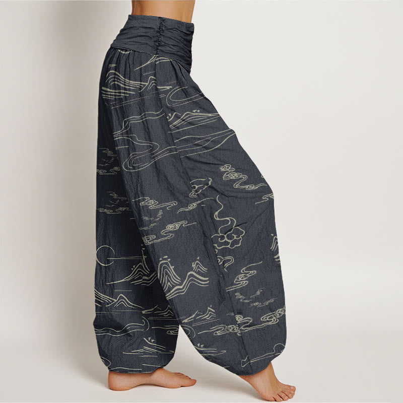 Pantalon harem à taille élastique pour femme , Buddha Stones, montagne de coton, lune et nuages ​​de bon augure - image 1