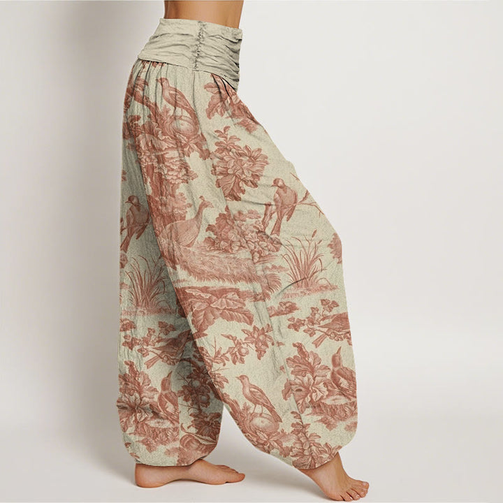 Pantalon harem à taille élastique pour femme, motif Buddha Stones, oiseaux, arbres et branches en coton - image 2