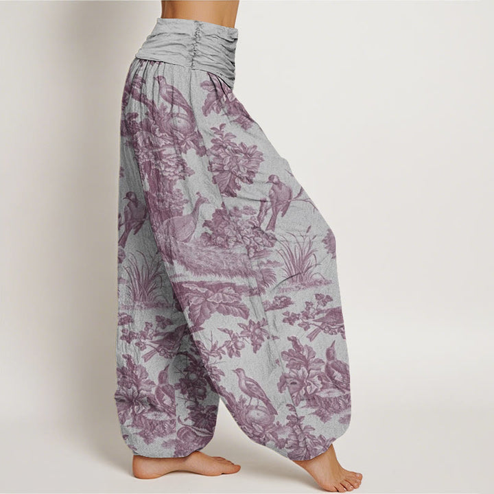 Pantalon harem à taille élastique pour femme, motif Buddha Stones, oiseaux, arbres et branches en coton - image 7