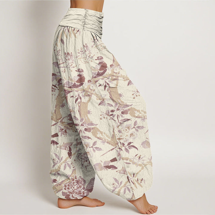 Pantalon sarouel à taille élastique pour femme avec motif de Buddha Stones' oiseaux, de branches et de fleurs - image 7