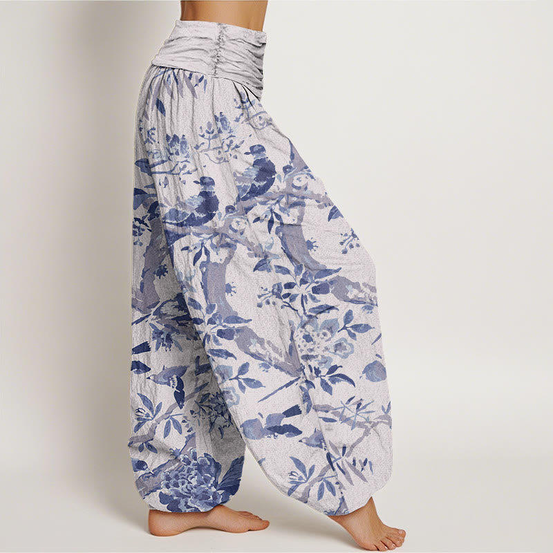 Pantalon sarouel à taille élastique pour femme avec motif de Buddha Stones' oiseaux, de branches et de fleurs - image 9