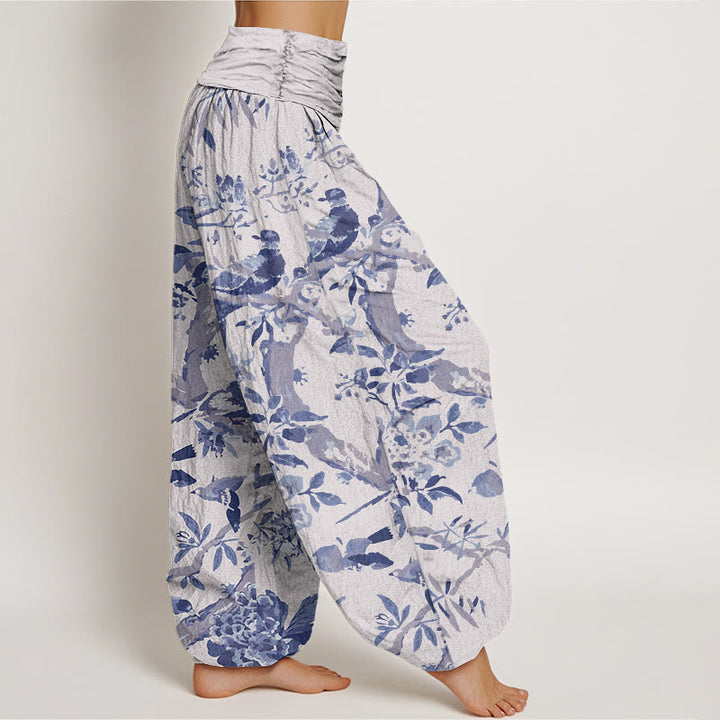 Pantalon harem à taille élastique pour femme, motif Buddha Stones, oiseaux, branches et fleurs en coton - image 7